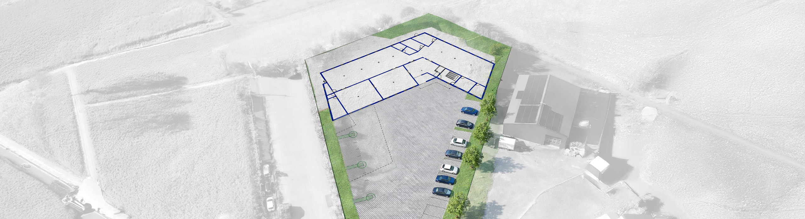 Sketch of the new building on the building site with green space and parking lot