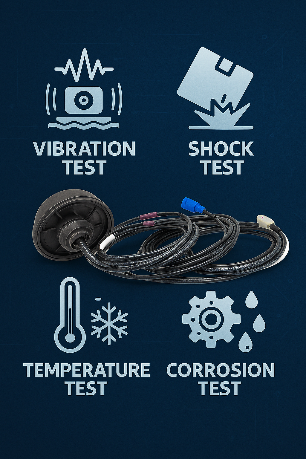 Vibration test, shock test, temperature test, and corrosion test