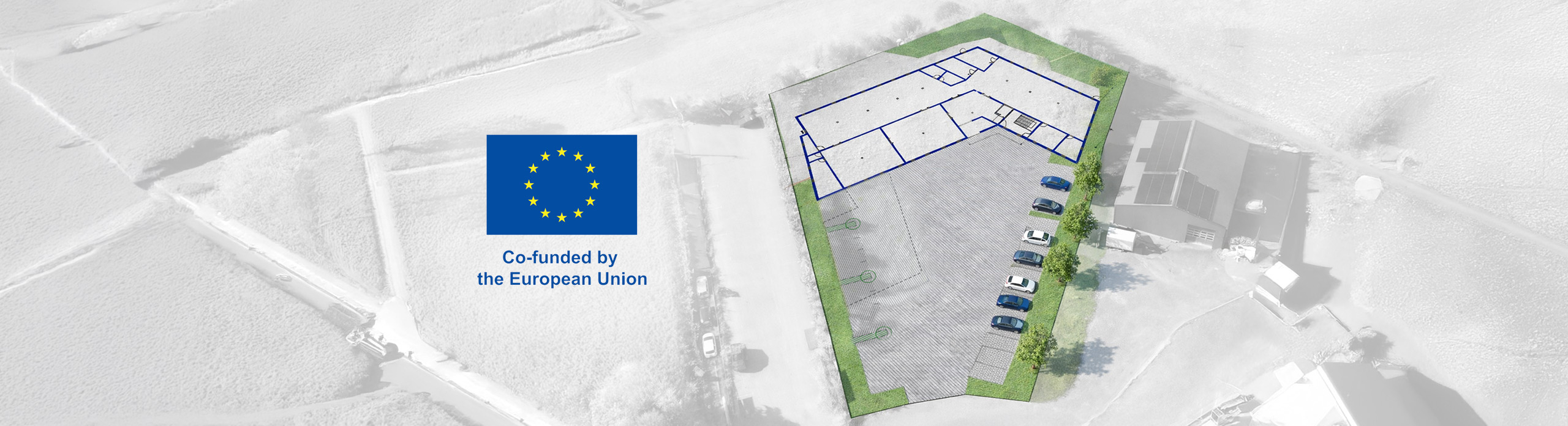 Sketch of the new building on the construction site with green space and parking lot, co-funded by the EU